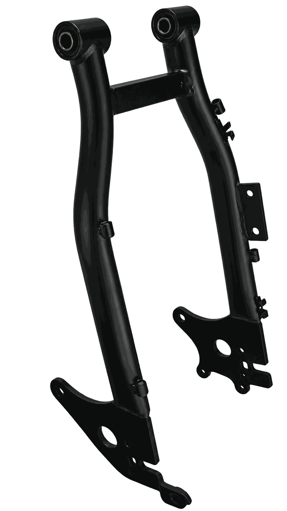 Rear Swingarm made of black metal with smooth tubular structure and mounting points for bike components