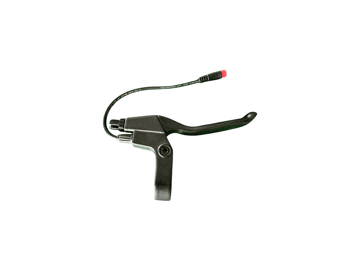 Right Brake Handle in black metal with attached cable, compact design, lever and mounting clamp