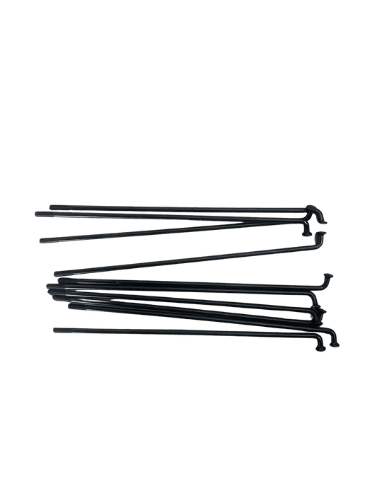 Spoke and Spoke Nipple set in black metal with straight thin rods and threaded ends for bicycle wheels
