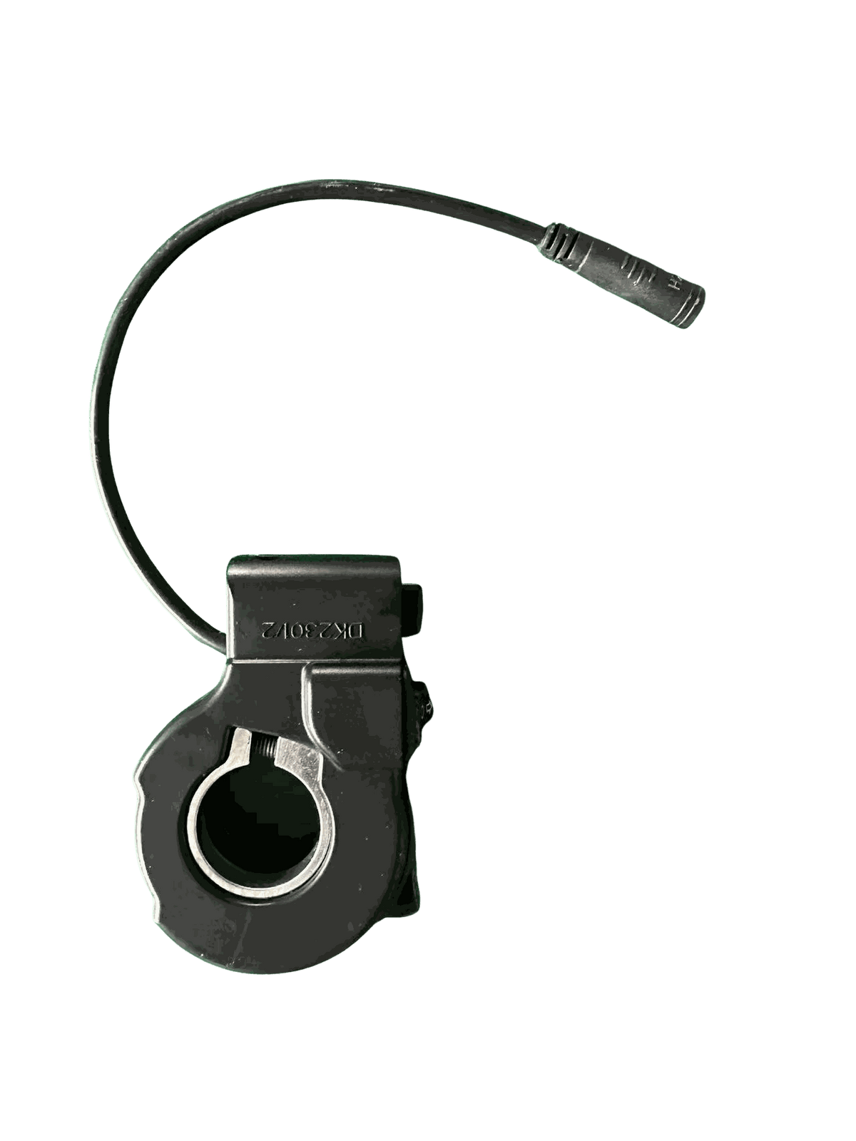 Switch device with black plastic body and attached cable, featuring a circular hole and connector at the end