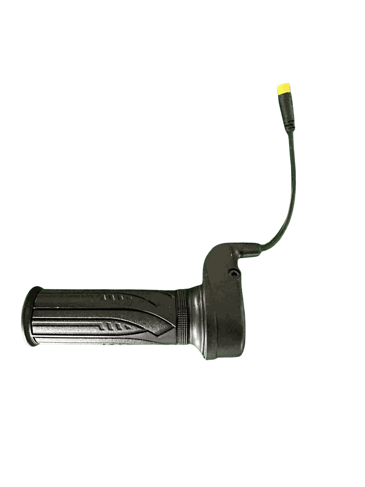 Throttle for e-bike featuring a black rubber grip with textured patterns and an attached black cable with yellow connector